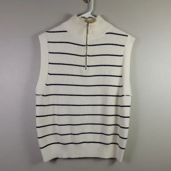 MNG by Mango Cream and Black Striped Quarter Zip Knitted Sweater Vest Size M - Picture 6 of 7